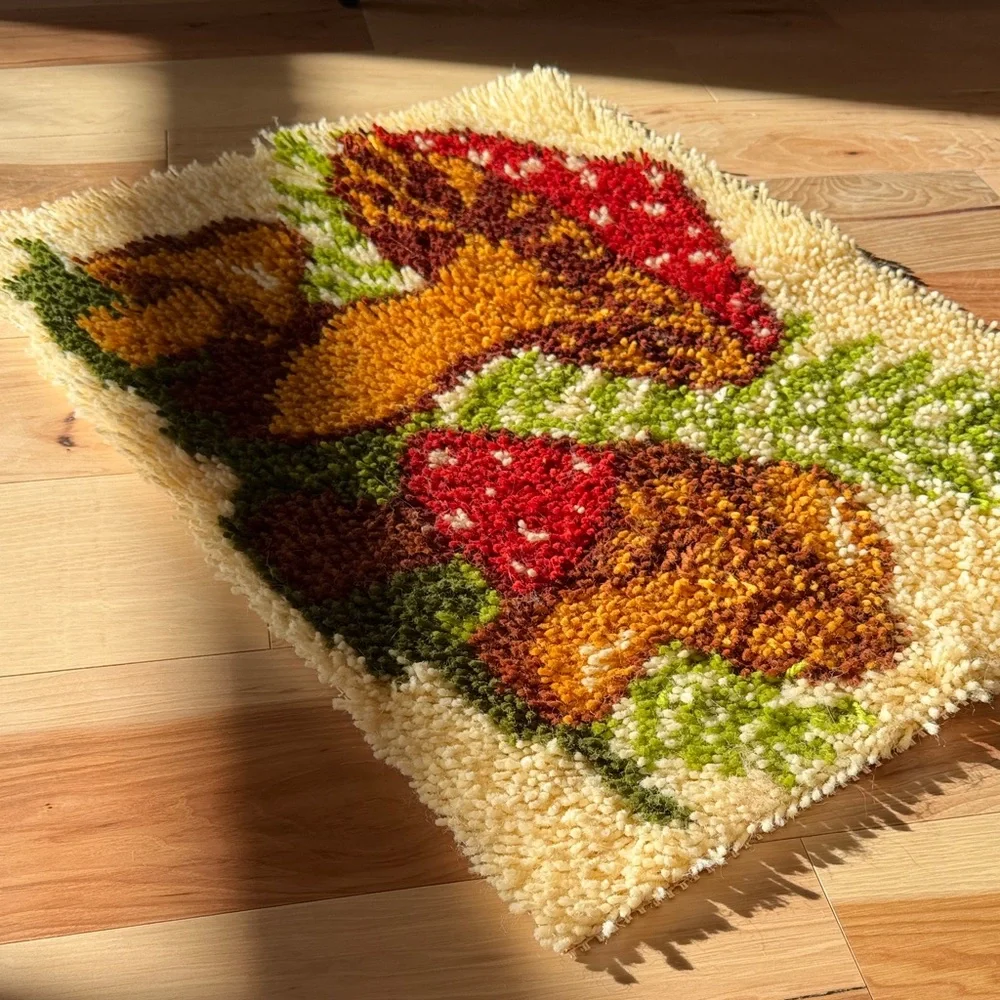 Vintage Mushroom Design Latch Hook Rug, Completed-By Me!